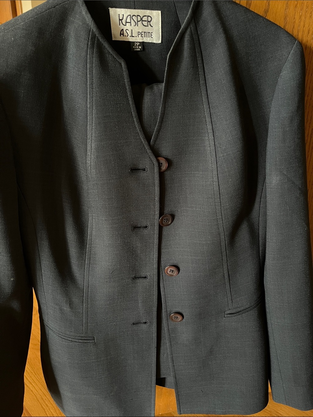 Classic dark blue:grey woman’s pantsuit. - Tailored Button Front